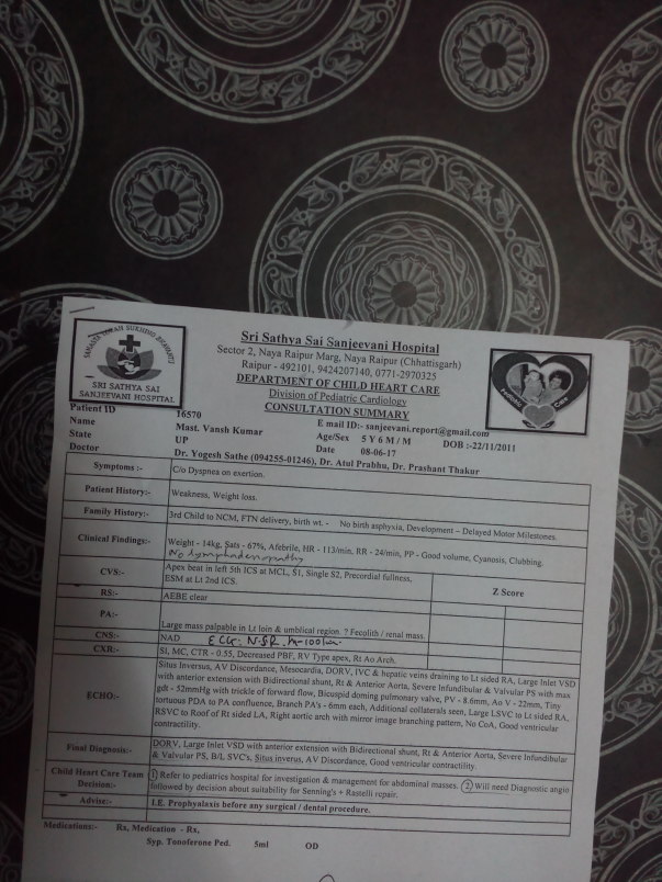 VANSH HEART REPORT OF SRI SATHY SAI SANJEEVNI HOSPITAL RAIPUR