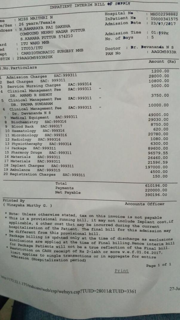 Total Bill amount on the 4th day of treatment