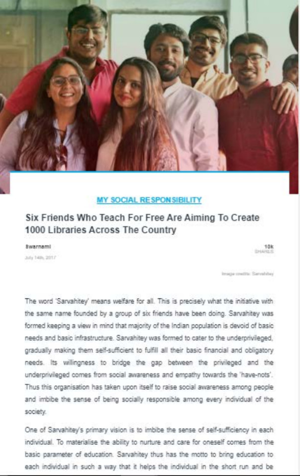 Sarvahitey's story got featured by The Logical Indian