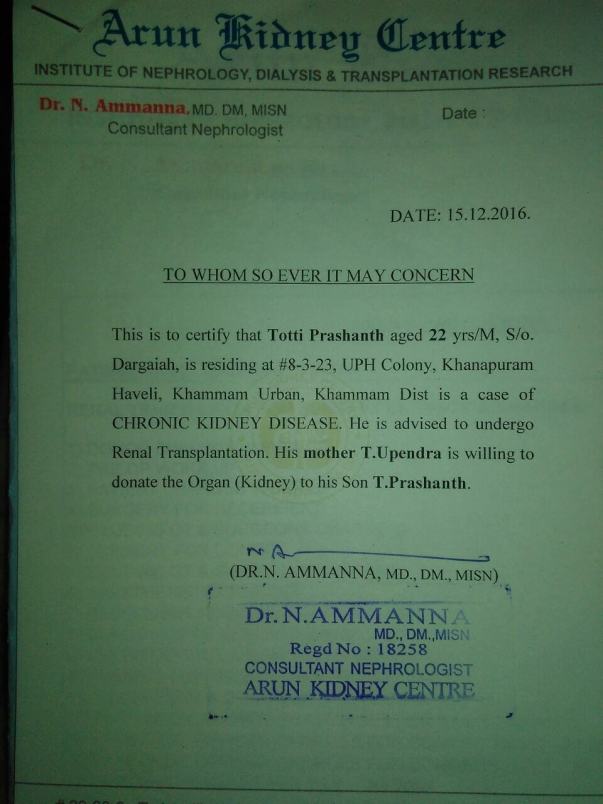 Prashant mother kidney donation NOC