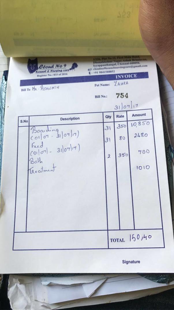 Bill for Zahra for July 2017