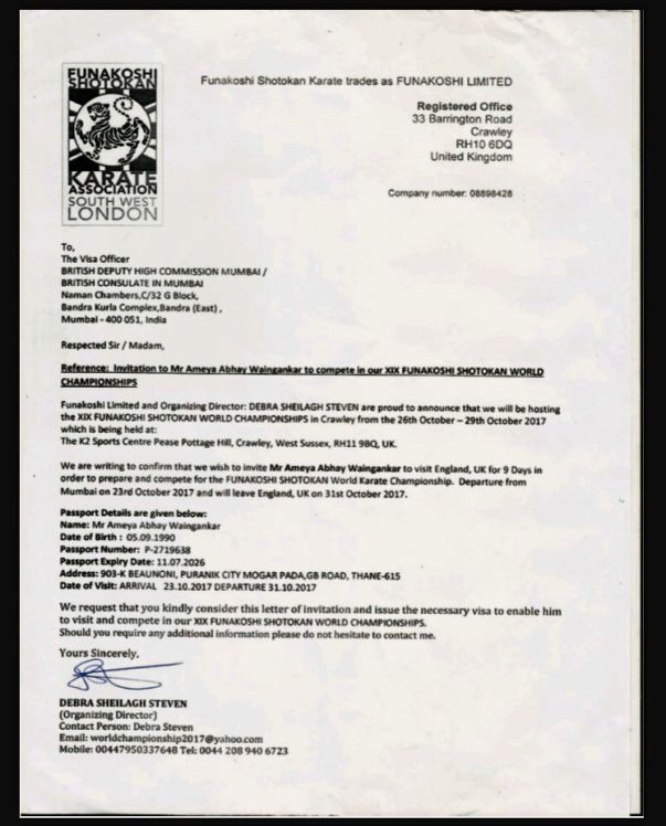 Invitation letter of World Karate Championship - London