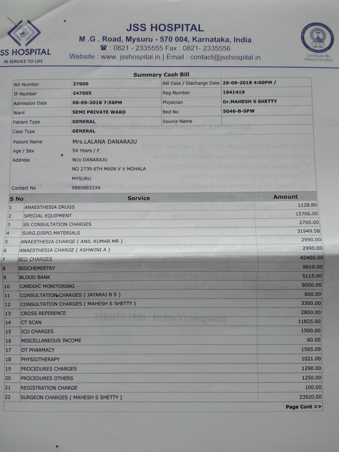 hospital bills of recent two operations that happened on 9th and 19th September which cost us Rupees 2,51,300.