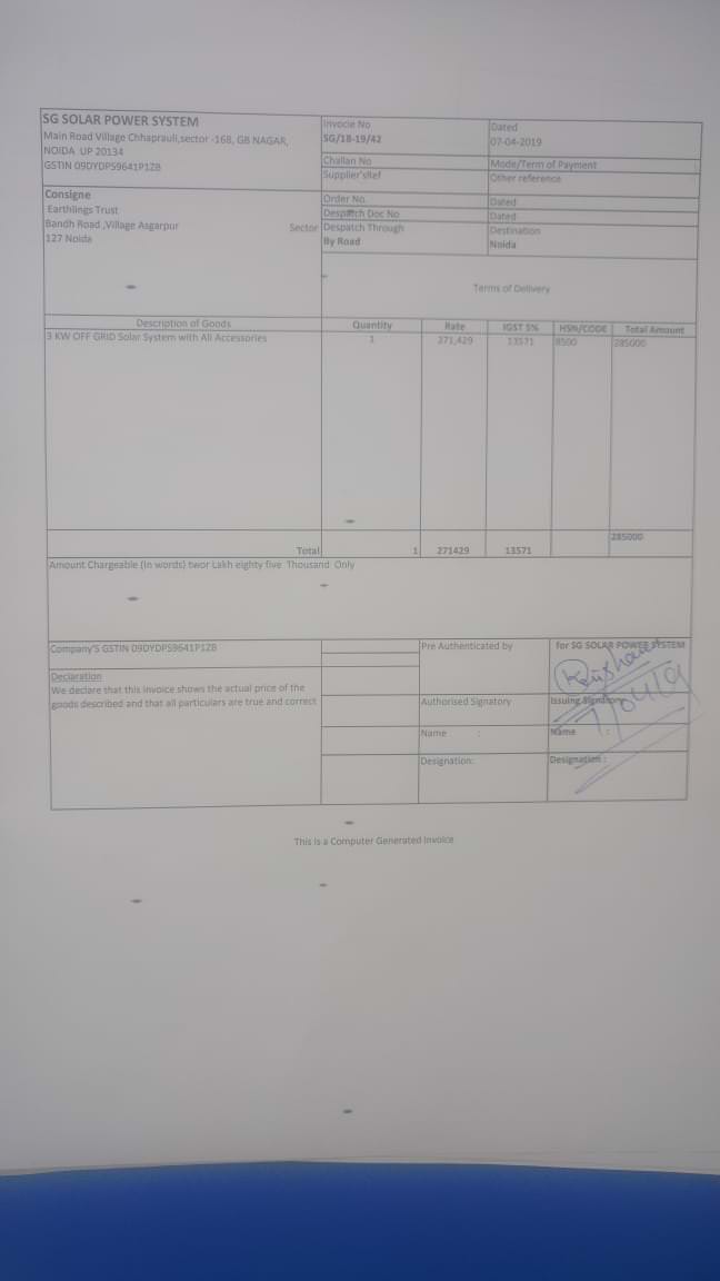 Vendor Invoice for solar system