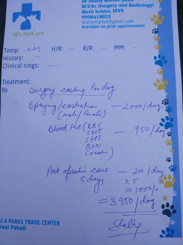 Our vet Dr. Shally (SJ's pet care ) gives an estimate per surgery . Support our cause and help us give a new life to our rescued dogs !