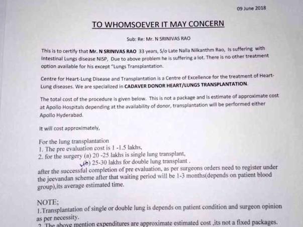 Help Srinivas for Lungs Transplantation