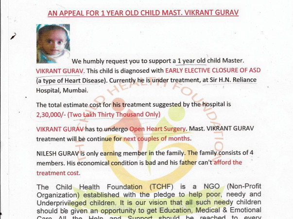 Help 1 Year Old Master Vikrant Gurav To Fight Against Heart Disease