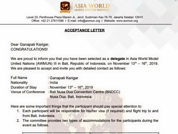 Need fund to represent INDIA in AWMUN III Conference.