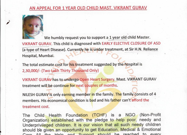 Help 1 Year Old Master Vikrant Gurav To Fight Against Heart Disease