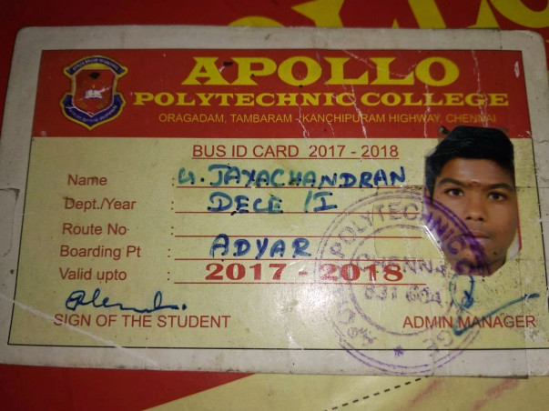 Help Jayachandran To Complete His Final Year Engineering Diploma