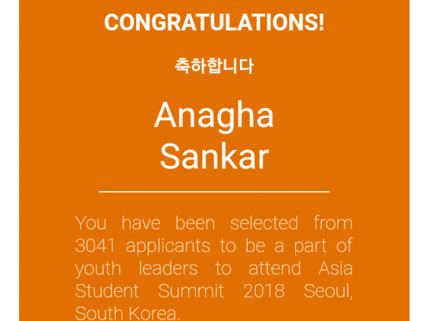 Help Anagha Attend Asia Student Summit 2018!!