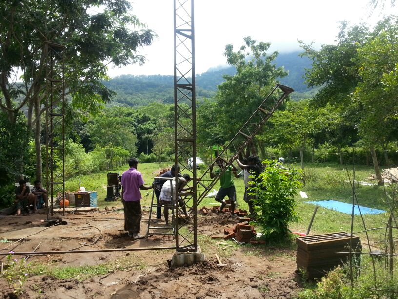 Erecting the metal pillars above the ground Erecting the metal pillars above the ground